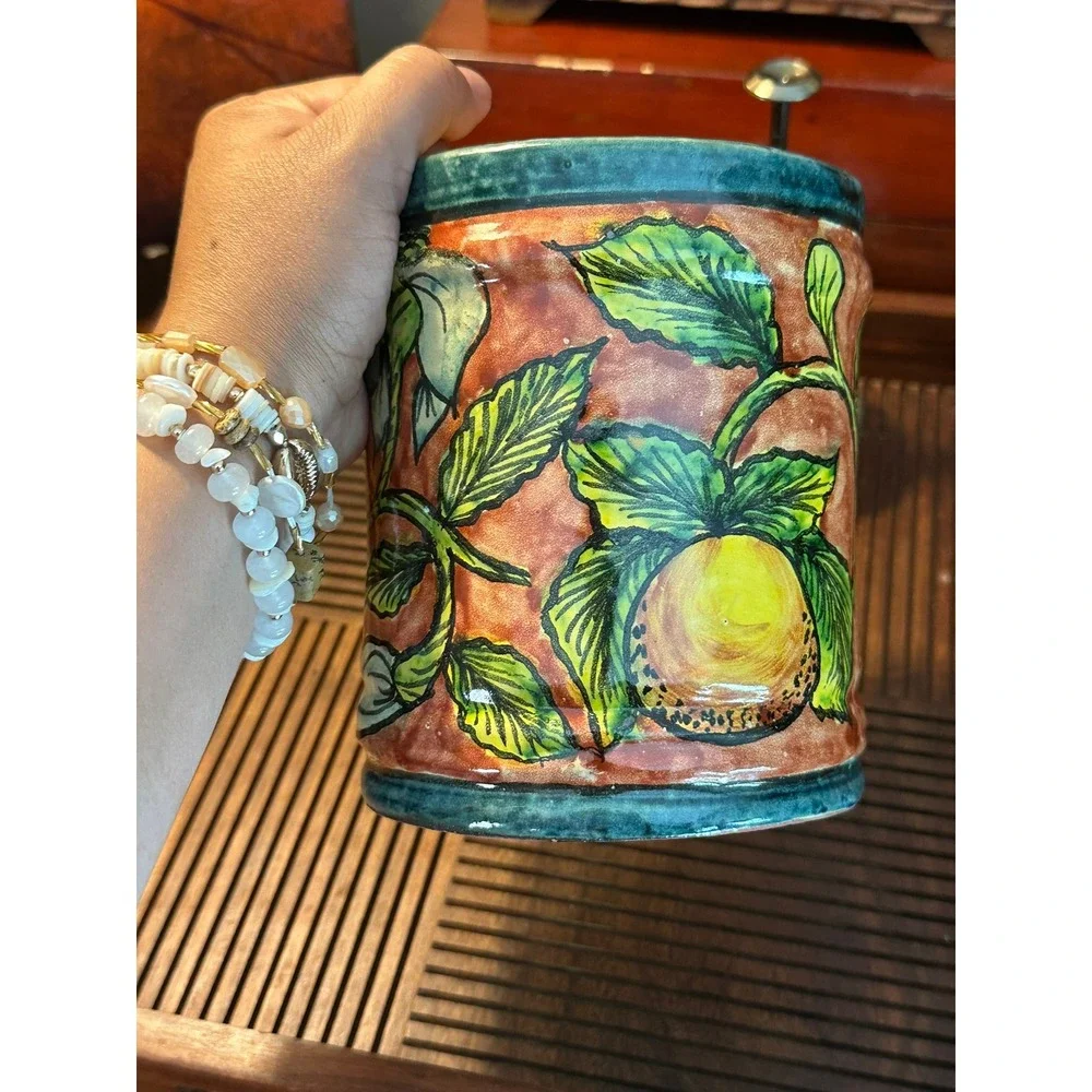 Mexican Ceramic Canister Hand Painted Fruit Leaf Pottery Jar 6in Vintage
